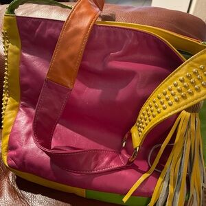 Chic Pink and Yellow Studded Shoulder Bag
